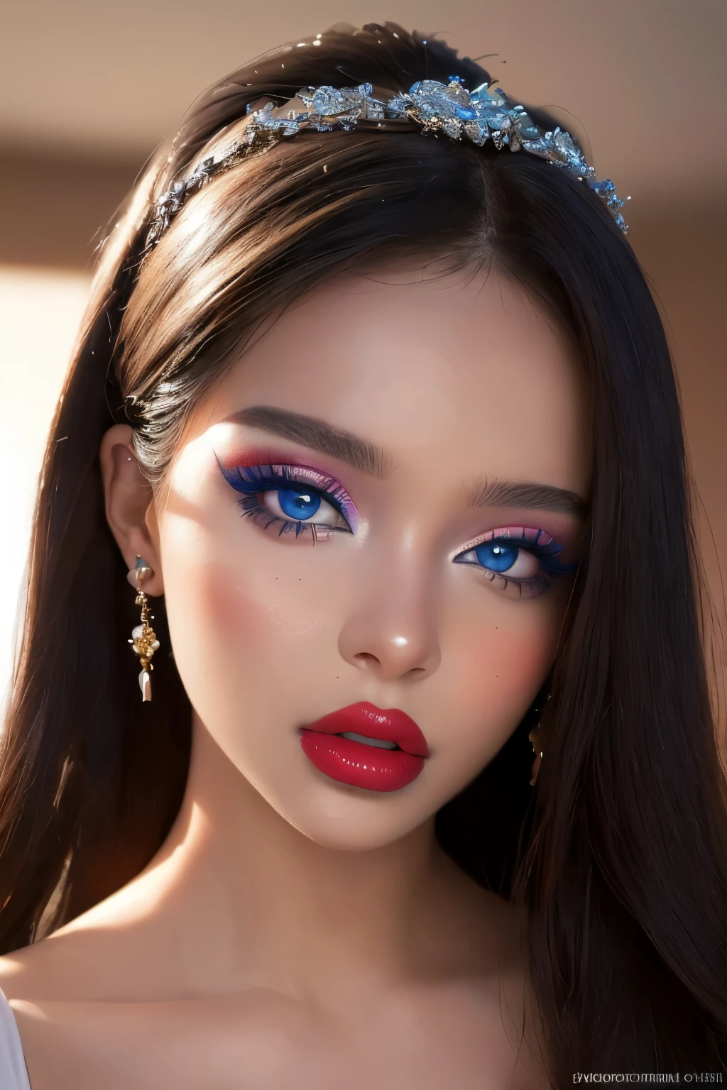 (masterpiece, best quality), 1girl, latina, closeup, close up, portrait, Makeup, Latina, Style, Aesthetic, Babe, Lips, Blue eyes, Red lips, Sexy, dark hair, indoors