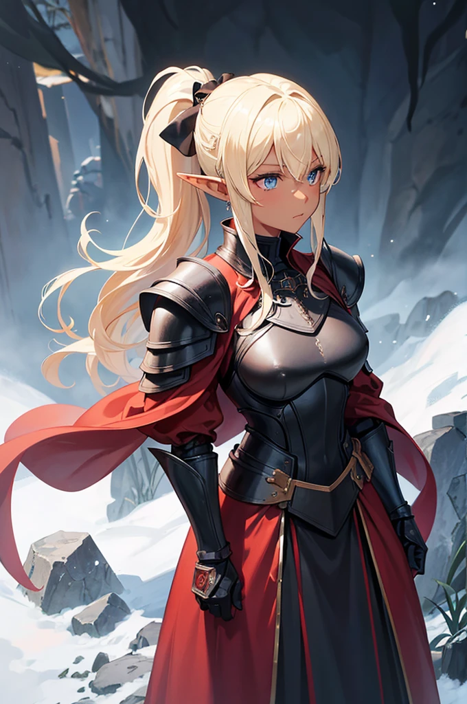 Beautiful images,Detailed Images,Official image,One Woman,Blonde,Blue Eyes,Ponytail Hair,Dark Skin,Elf Ears,Black heavy armor,Red Cape,Several Black Knights behind him