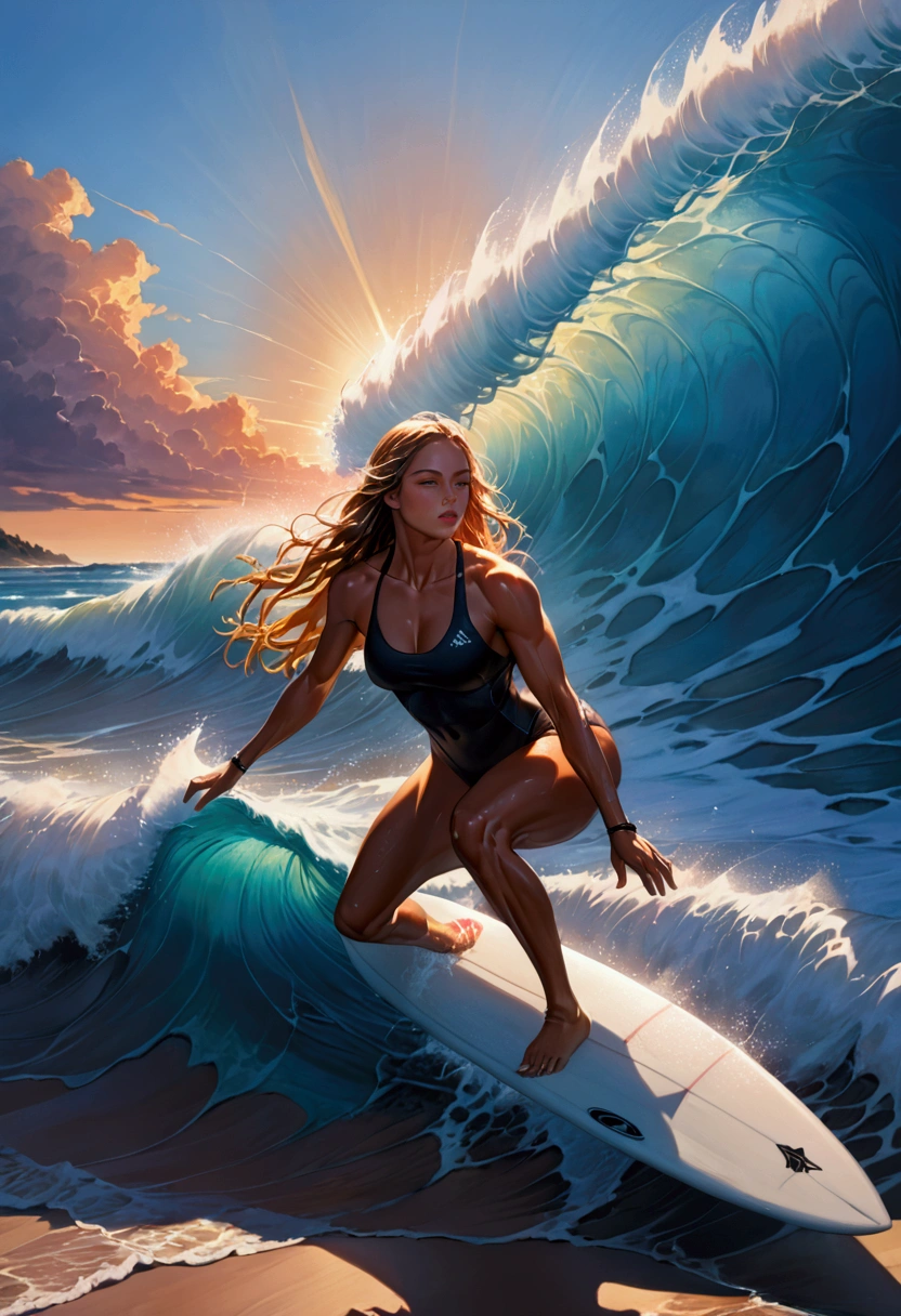 1girl, Surfing, a surfer riding a huge wave, ocean waves crashing, beautiful detailed eyes, beautiful detailed lips, extremely detailed face and skin, long hair blowing in the wind, muscular fit body, ocean spray, golden hour lighting, vibrant colors, cinematic composition, 8k, highres, masterpiece, best quality, very aesthetic, absurdres