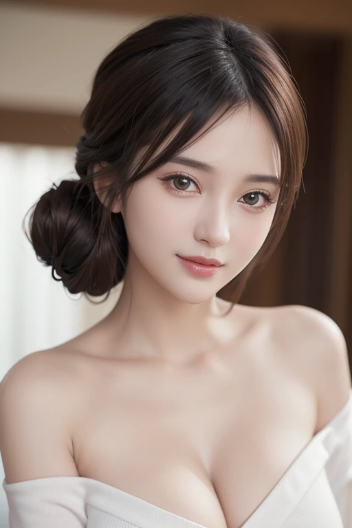 1woman, Updo hairstyle, (Ultra realistic, high res), (highly detailed eyes, highly detailed hair, highly detailed face, highly detailed plump lips), (off shoulder with open breasts), breasts, upper body, caute smile, (best quality:1.4), Raw photo, (realistic, photo-realistic:1.37), professional photography, cinematic light, (fine face: 1.2),