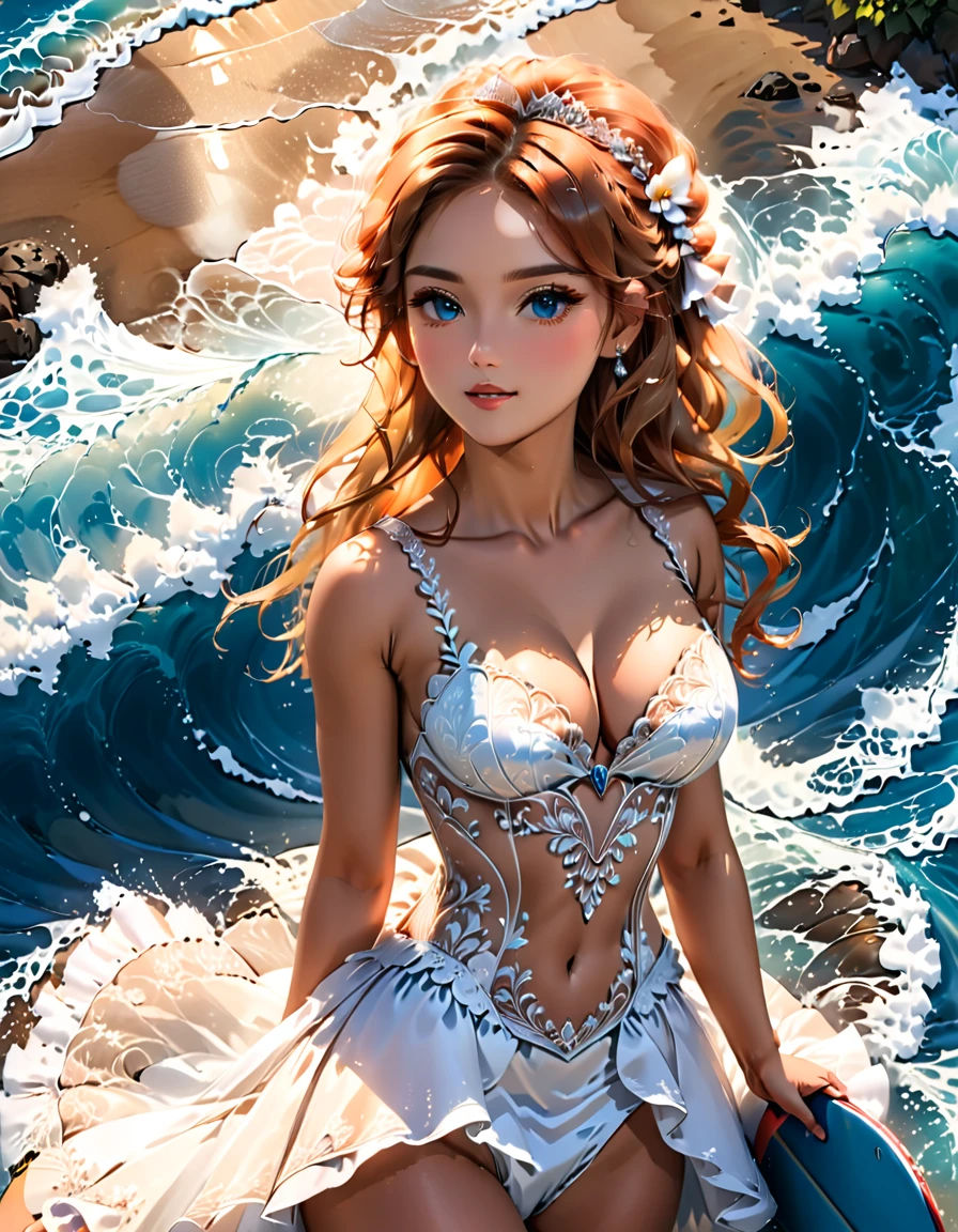 a portrait of a bride surfing the waves, on a sunny day in ocean, an exotic beautiful bride, ((anatomically correct: 1.5)) ultra detailed face, dynamic hair color, dynamic hair style, dynamic skin complexion, (best detailed face: 1.5), busty wearing intricate, elegant bride's dress, glamour bride dress, barefoot, she is surfing an (surf board: 1.3) she surfs a massive wave, sunny day, sun rays, some clouds, wavy ocean background, vibrant, Ultra-high resolution, High Contrast, (masterpiece:1.5), highest quality, Best aesthetics), best details, best quality, highres, 16k, (ultra detailed: 1.5), masterpiece, best quality, (extremely detailed) RAW, (ultra details, Masterpiece, best quality), sexy wedding dress, Cinematic Hollywood Film