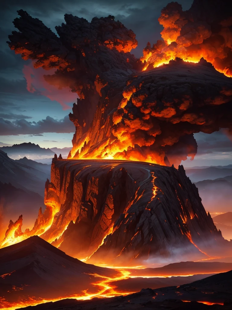 detailed fantasy landscape, intricate fiery clouds, glowing embers, dramatic light and shadow, molten lava flows, rugged mountainous terrain, epic fantasy atmosphere, cinematic lighting, photoreal, highly detailed, 8k, intricate details, vibrant colors, dramatic clouds, volumetric fog, photorealistic, masterpiece