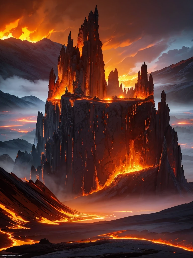 detailed fantasy landscape, intricate fiery clouds, glowing embers, dramatic light and shadow, molten lava flows, rugged mountainous terrain, epic fantasy atmosphere, cinematic lighting, photoreal, highly detailed, 8k, intricate details, vibrant colors, dramatic clouds, volumetric fog, photorealistic, masterpiece