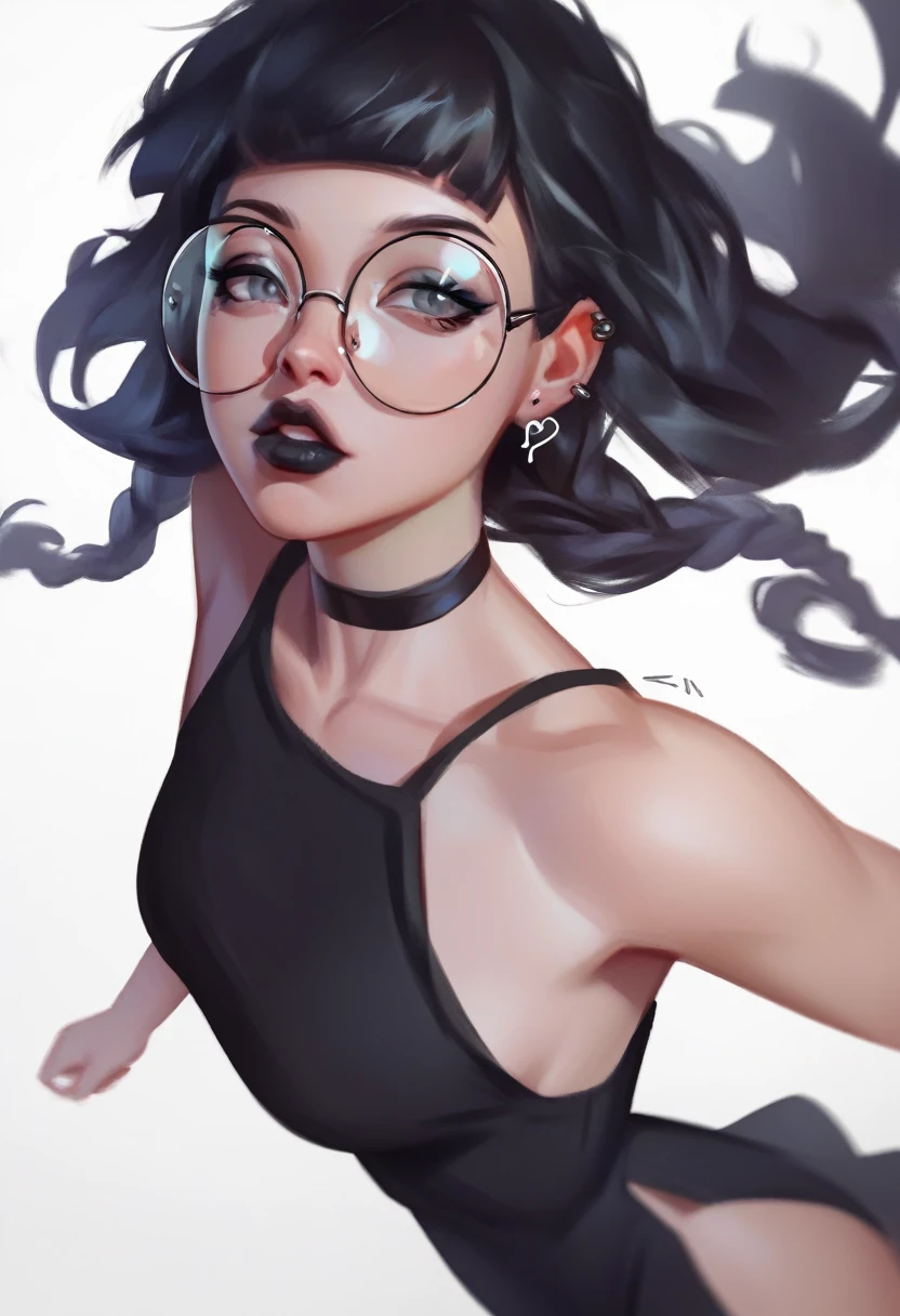 bblurry, traditional art, liu2, brush texture, punctuation_9, punctuation_8_High above, punctuation_7_High above, 1 girl, Bblack hair, braids, slickedback hair, long hair, grey-eyed, thick lips, mic, long eyelashes, half-closed eyes, black frame glasses, round glasses, black choker, Blunt bangs, grown-up, black eyeliner, breasts big, ear piercing, black lips, grey-eyedhadow, looking ahead at viewer, break solo, standing, grown-up, skinny, leg high, arched back, tight slit, break (White background:1.2), simple background, dynamic pose, dynamic angle, angled shot,