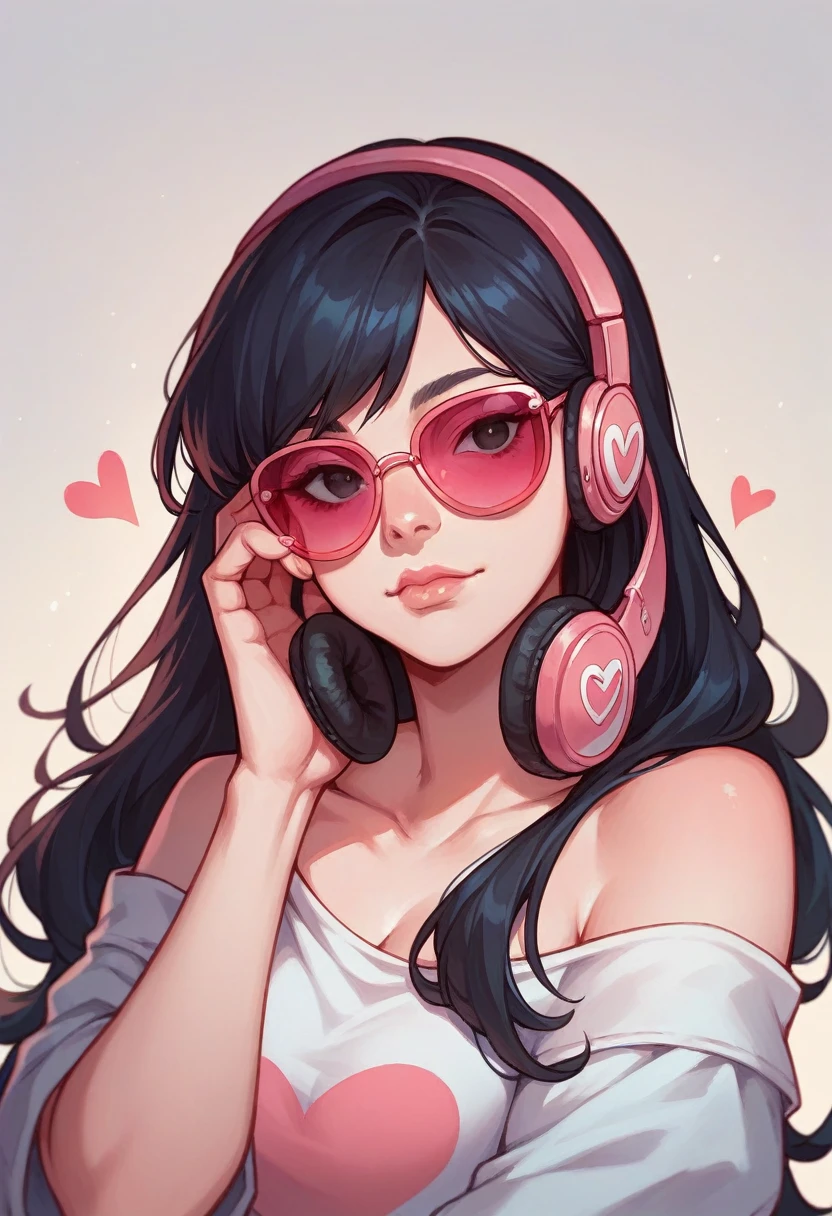 1girl, bare shoulders, black eyes, black hair, closed mouth, glasses, headphones, heart, lips, long hair, looking at viewer, off-shoulder shirt, off shoulder, pink-tinted eyewear, solo, sunglasses, tinted eyewear, upper body