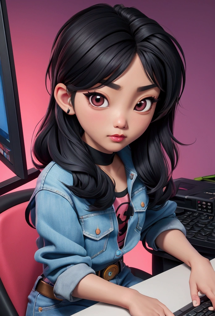 The character costume is KPOP, Hallyu, K-pop anime art style, Hallyu frontline style, Hallyu art style, kpop style, official artwork, Chibi art, Pisif, Blackpink style, cute. KPOP artwork in sitting position, The popularity of Pisif art station, 16 year old chibi, No watermark, close-fitting jean, , roundneck top,style , close up angle, black hair,brown skin siiting and facing a computer and trading crypto