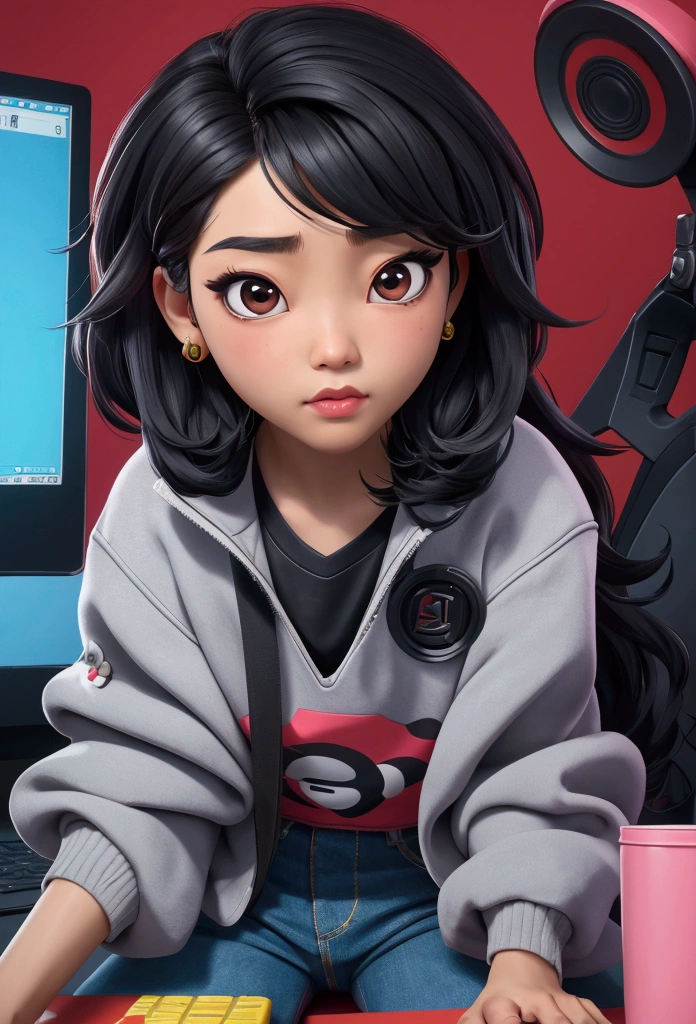 The character costume is KPOP, Hallyu, K-pop anime art style, Hallyu frontline style, Hallyu art style, kpop style, official artwork, Chibi art, Pisif, Blackpink style, cute. KPOP artwork in sitting position, The popularity of Pisif art station, 16 year old chibi, No watermark, close-fitting jean, , roundneck top,style , close up angle, black hair,brown skin siiting and facing a computer and trading crypto