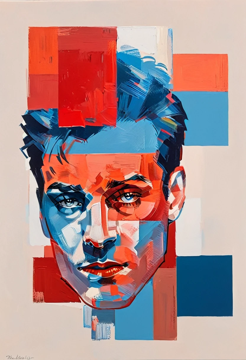 Create a contemporary portrait of a man with sharp features, using a bold and graphic style. Use vibrant, contrasting colors with a strong emphasis on red and blue hues. The background should be a neutral, pale beige or light peach color. The face should be at a slight angle, with clean lines and blocks of color to define the facial structure. Ensure the expression is intense, and the overall composition has a modern, pop-art feel. The painting should capture the interplay between light and shadow with striking contrasts.