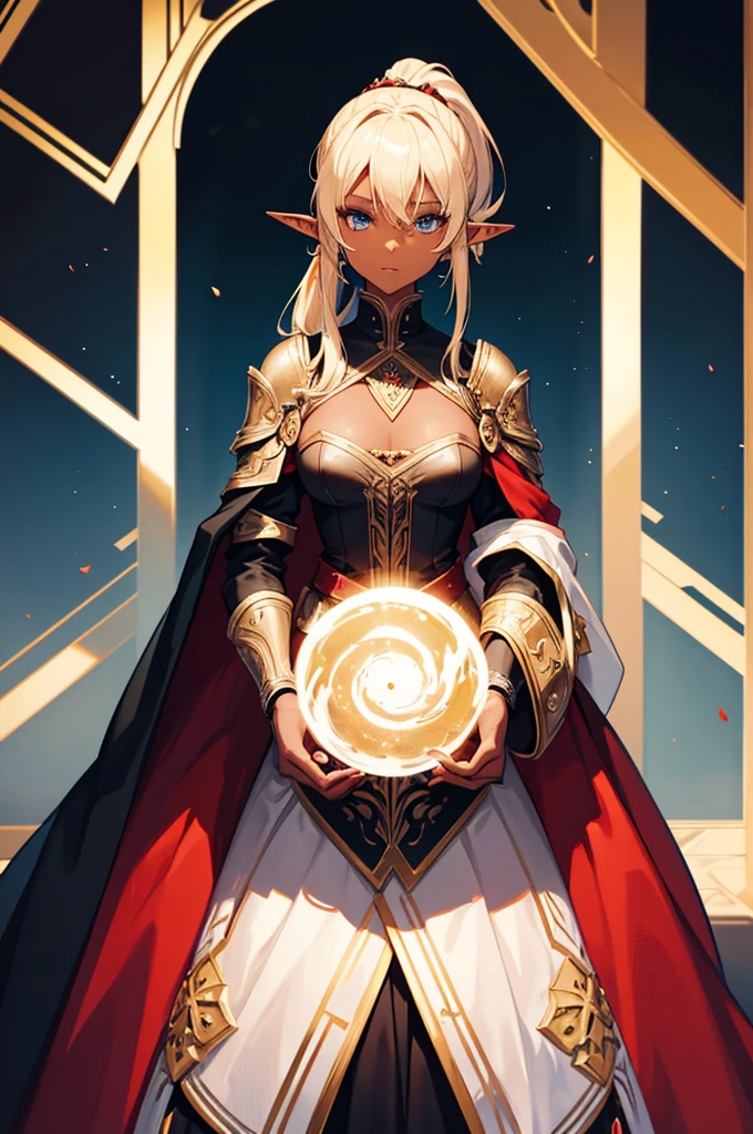 Beautiful images,Detailed Images,Official image,One Woman,Blonde,Blue Eyes,Ponytail Hair,Dark Skin,Elf Ears,Black heavy armor,Red Cape,Giving a command