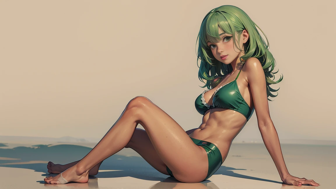 (((masterpiece, best quality, high resolution)))), Extremely detailed 8K, (Ultra HD, Ultra-detailed, Highly detailed, Highly realistic, Ultra-realistic, photograph realistic), (1girl:1.5), (solo:1.1) cute, (green hair:1.5), (tan skin:1.5) long wavy hair, honey eyes, smile, parted lips, blush, (medium breasts:1.2), dynamic pose, cute face, cute face, sksw, thighs, blank background, full body, oc page