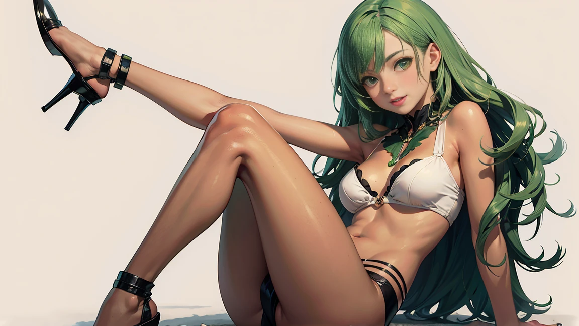 (((masterpiece, best quality, high resolution)))), Extremely detailed 8K, (Ultra HD, Ultra-detailed, Highly detailed, Highly realistic, Ultra-realistic, photograph realistic), (1girl:1.5), (solo:1.1) cute, (green hair:1.5), (tan skin:1.5) long wavy hair, honey eyes, smile, parted lips, blush, (medium breasts:1.2), dynamic pose, cute face, cute face, sksw, thighs, blank background, full body, oc page
