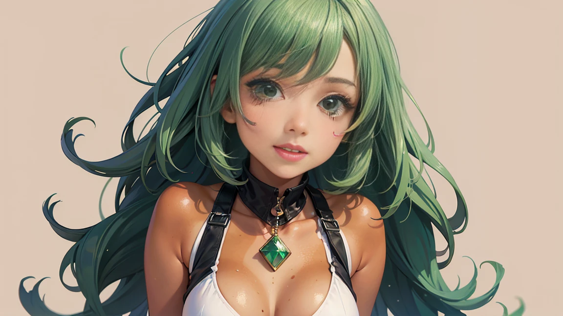 (((masterpiece, best quality, high resolution)))), Extremely detailed 8K, (Ultra HD, Ultra-detailed, Highly detailed, Highly realistic, Ultra-realistic, photograph realistic), (1girl:1.5), (solo:1.1) cute, (green hair:1.5), (tan skin:1.5) long wavy hair, honey eyes, smile, parted lips, blush, (medium :1.2), dynamic pose, cute face, cute face, sksw, thighs, blank background, full body, oc page