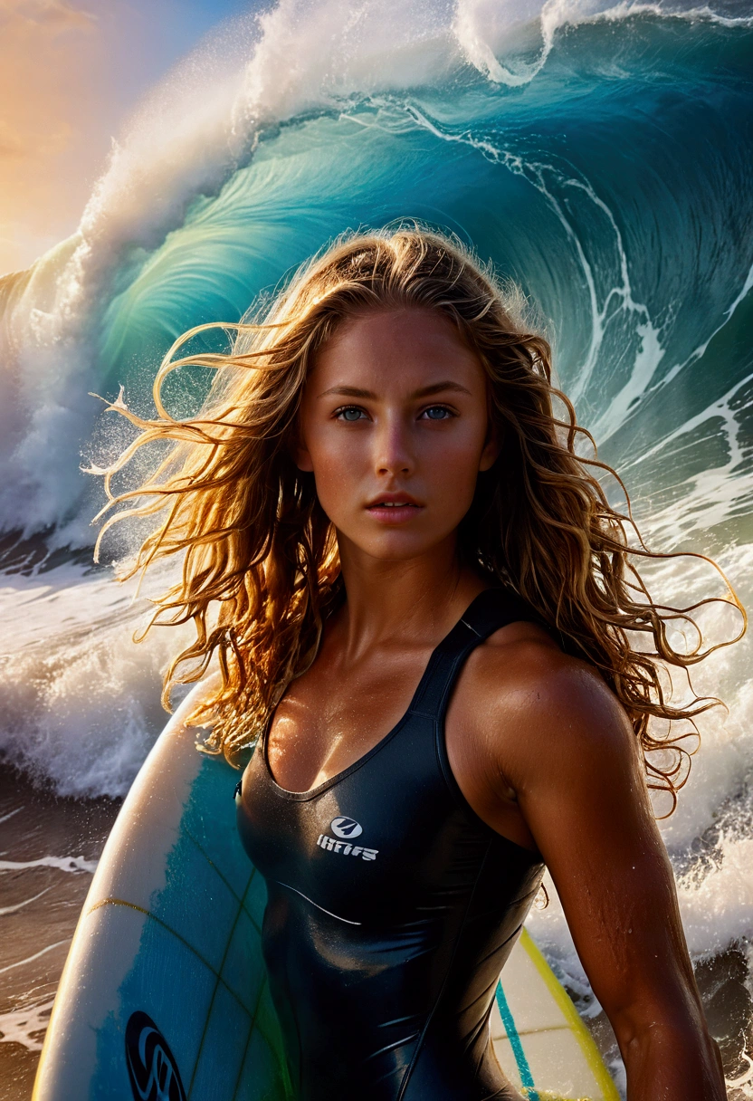 1girl, Surfing, a surfer riding a huge wave, ocean waves crashing, beautiful detailed eyes, beautiful detailed lips, extremely detailed face and skin, long hair blowing in the wind, muscular fit body, ocean spray, golden hour lighting, vibrant colors, cinematic composition, 8k, highres, masterpiece, best quality, very aesthetic, absurdres