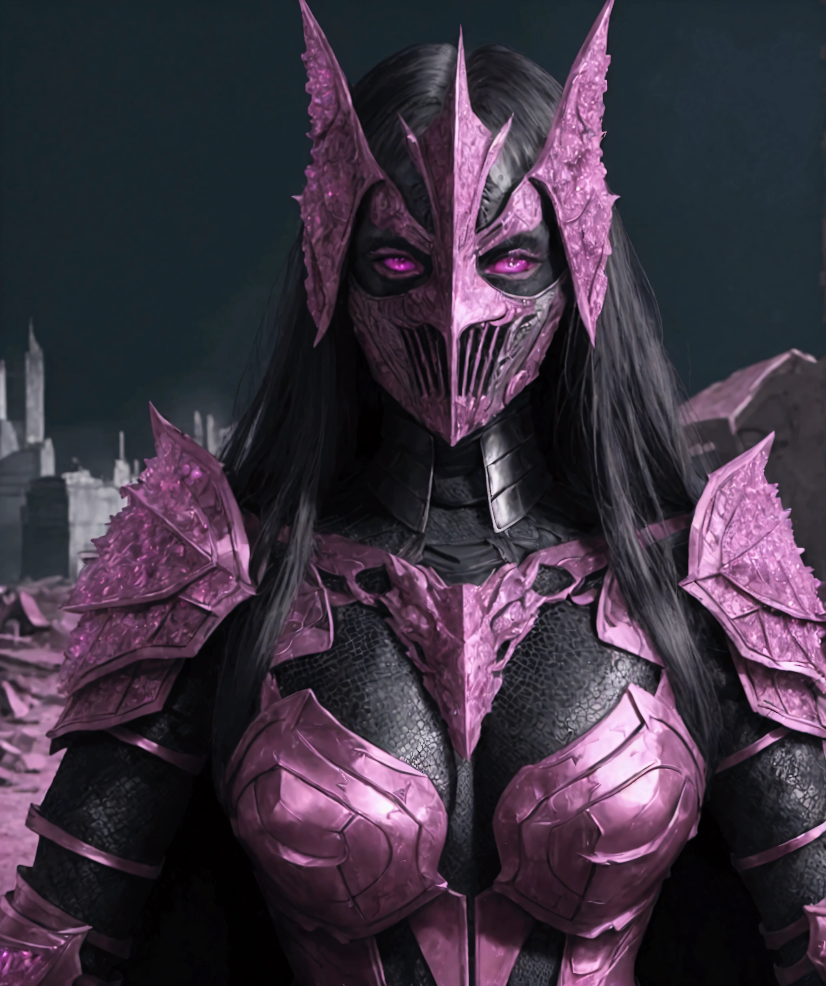 (extremely detailed 8k wallpaper), a medium shot photo of  Grim dressed as a scary masked krystal-supervillain in a textured armour made of all pink crystals glowing armour with textured details from marvel, theme, intricate, high detail, dramatic, big mud monster and destroyed buildings in the background