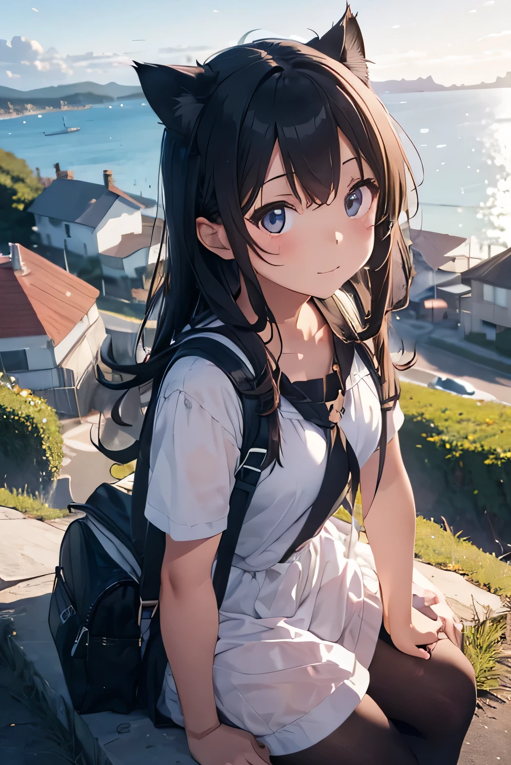 Cat ear girl On a hill with a view of the sea stage early morning