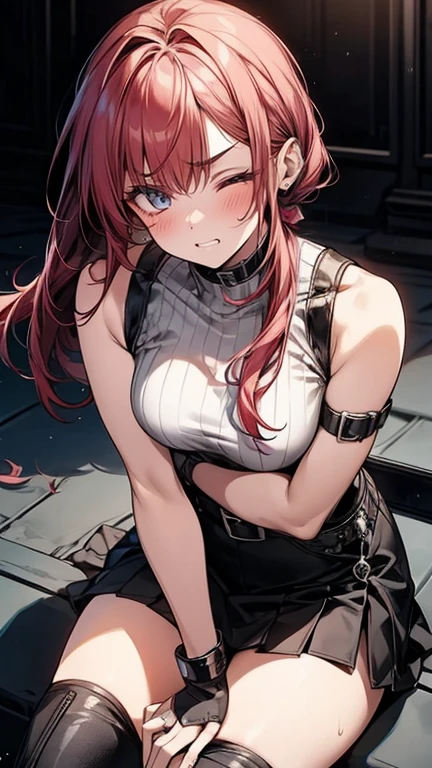 Dynamic composition,{{masterpiece}}, {{{Highest quality}}},{{Very detailed}},1girl,30years old,{Mature Woman}},,{{white　cyberpunk style　Sleeveless and ribbed　shirt:1.4}},{{hold one's arms:1.6}},{{Grit your teeth:1.4}},one eye closed,Cowboy Shot,bent over,{{,Medium breast}},{{cyberpunk style　Female Fighter}},small face,{{BLACK　mini-skirt}},{{BLACK Leather knee-high boots:1.6}},{{Sit on a chair and take a rest}}, belt,black fingerless gloves　,{{v-shaped eyebrows}},Bad mood,blush、怒り,Sweat,raise one's eyebrows　,{{View your viewers}}、A hotel room at night、Red hair long ponytail,Blunt bangs．abdominal pain ,{{pain}},
