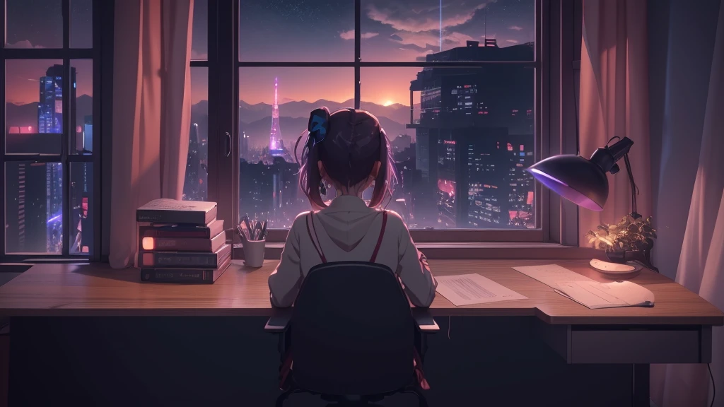 Gaming Chair、Gaming Room、Large windows、One-sided window、Back view、night、Anime girl sitting at a desk in front of a window with a city view, Anime Background art, Anime Aesthetics, Anime Background, Anime atmosphere, anime wallpaper 4k, anime wallpaper 4k, Anime Aesthetics, 4k anime wallpaper, anime art wallpaper 4k, anime art wallpaper 4k, Anime Art Wallpapers 8K, Anime Girl Desktop Backgrounds, Awesome Wallpapers