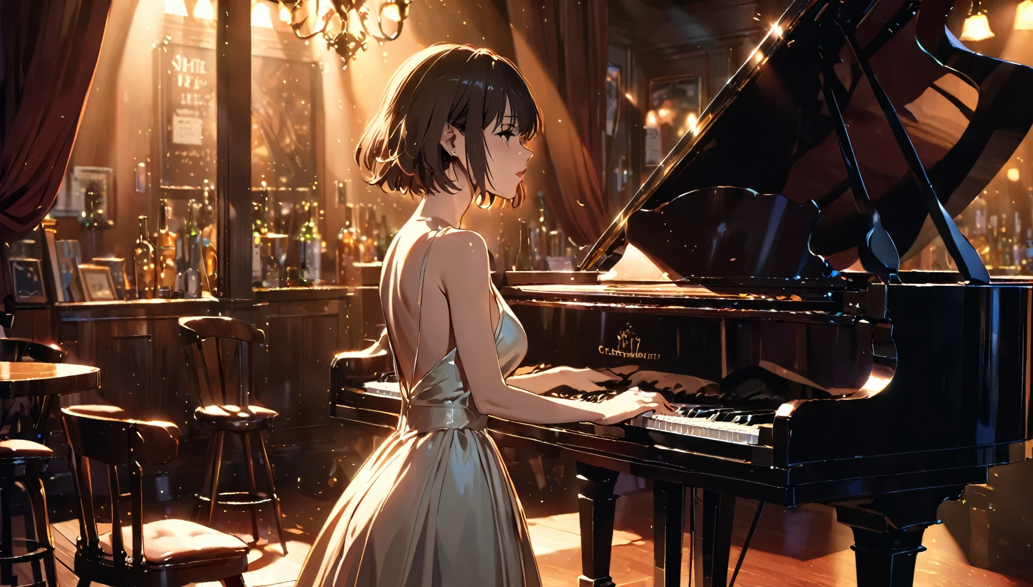 Beautiful woman singing in an Irish pub、She is leaning against a grand piano and singing in a sexy dress.、Short hair、A Ghibli-like touch、chiaroscuro lighting, dramatic lighting, warm color palette, high quality, 8k, photorealistic, masterpiece, cinematic, dramatic
