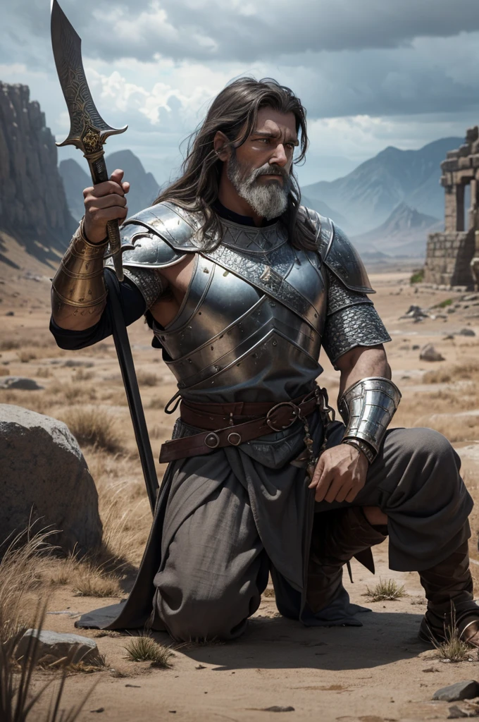 King David, old and exhausted, kneeling on a barren battlefield, with a face marked by deep wrinkles and a long gray beard. His worn linen tunic shows signs of age and dust., as he supports himself on the floor with one hand, the veins on her slender arms evident from the tension. In front of you, the giant Ishbi-benob, a formidable warrior, with sculpted muscles and shining armor, composed of metallic scales that reflect the pale light of a cloudy day. He holds a gleaming copper spear, weighing 300 shekels, and a new sword, both with ornamental details, indicating his power and wealth. The texture of the earth is rough, with scattered stones and dry grass, creating an atmosphere of desolation. The overcast sky is painted with dark clouds, highlighting the tension of the moment. The scene is inspired by biblical illustrations by Cristofor Zhefarovich, with touches of realistic painting by Emile Lahner, evoking the drama of a work by Artur Tarnowski and the softness of Scott Gustafson.