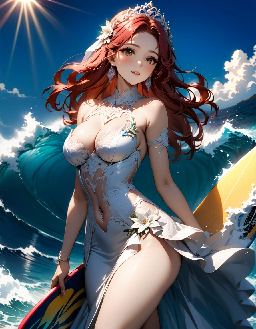 a portrait of a bride surfing the waves, on a sunny day in ocean, an exotic beautiful bride, ((anatomically correct: 1.5)) ultra detailed face, dynamic hair color, dynamic hair style, dynamic skin complexion, (best detailed face: 1.5), busty wearing intricate, elegant bride's dress, glamour bride dress, barefoot, she is surfing an ((surf board: 1.3)) she surfs a massive wave, sunny day, sun rays, some clouds, wavy ocean background, vibrant, Ultra-high resolution, High Contrast, (masterpiece:1.5), highest quality, Best aesthetics), best details, best quality, highres, 16k, (ultra detailed: 1.5), masterpiece, best quality, (extremely detailed) RAW, (ultra details, Masterpiece, best quality), sexy wedding dress, princess dress