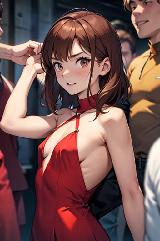 brunette woman, chestnut hair, frightened look, breasts small , short red dress, tipis, with neckline, at a company party, several men around grab her body