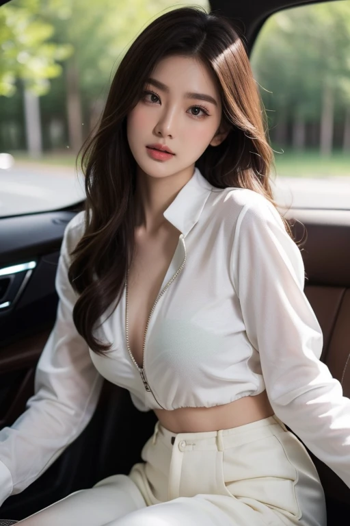 Top quality, RAW Photo, Highest Quality Image, 16K, Full body, Age 22 years old, Realistic, Photorealistic,  Beautiful Asian woman, Sexy, body, White pale skin, Beautiful hair, Wavy hair, Brown Hair,, Short hairstyle, Detailed face, Detailed body, Detailed skin, Double eyelids, Big eyes, long eyelashes, bright eyes, green eyes, natural lips, detailed lips, Saggy breasts, Very Small breasts, Flat Breasts, long shape breasts, posing in her car, sunny day light , light through Aspen trees, wearing white thin polyester shirt with zipper fully unzipped, no bra, Camera angle from below