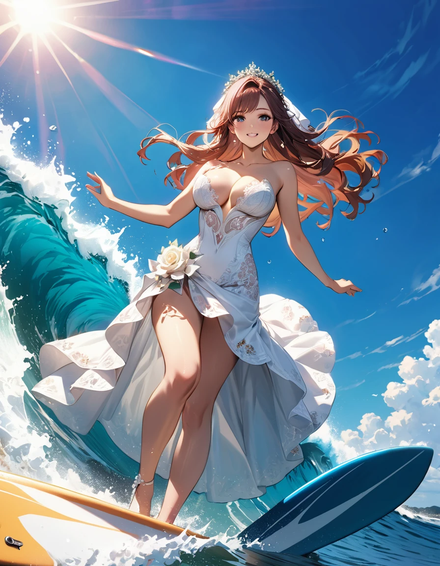 a portrait of a bride surfing the waves, on a sunny day in ocean, an exotic beautiful bride,   ((anatomically correct: 1.5)) ultra detailed face, dynamic hair color, dynamic hair style, dynamic skin complexion, (best detailed face: 1.5), busty wearing intricate, elegant bride's dress, glamour bride dress, barefoot, she is surfing an (surf board: 1.3) she surfs a massive wave, sunny day, sun rays, some clouds, wavy ocean background, vibrant, Ultra-high resolution, High Contrast, (masterpiece:1.5), highest quality, Best aesthetics), best details, best quality, highres, 16k, (ultra detailed: 1.5), masterpiece, best quality, (extremely detailed) RAW, (ultra details, Masterpiece, best quality), sexy wedding dress, Cinematic Hollywood Film