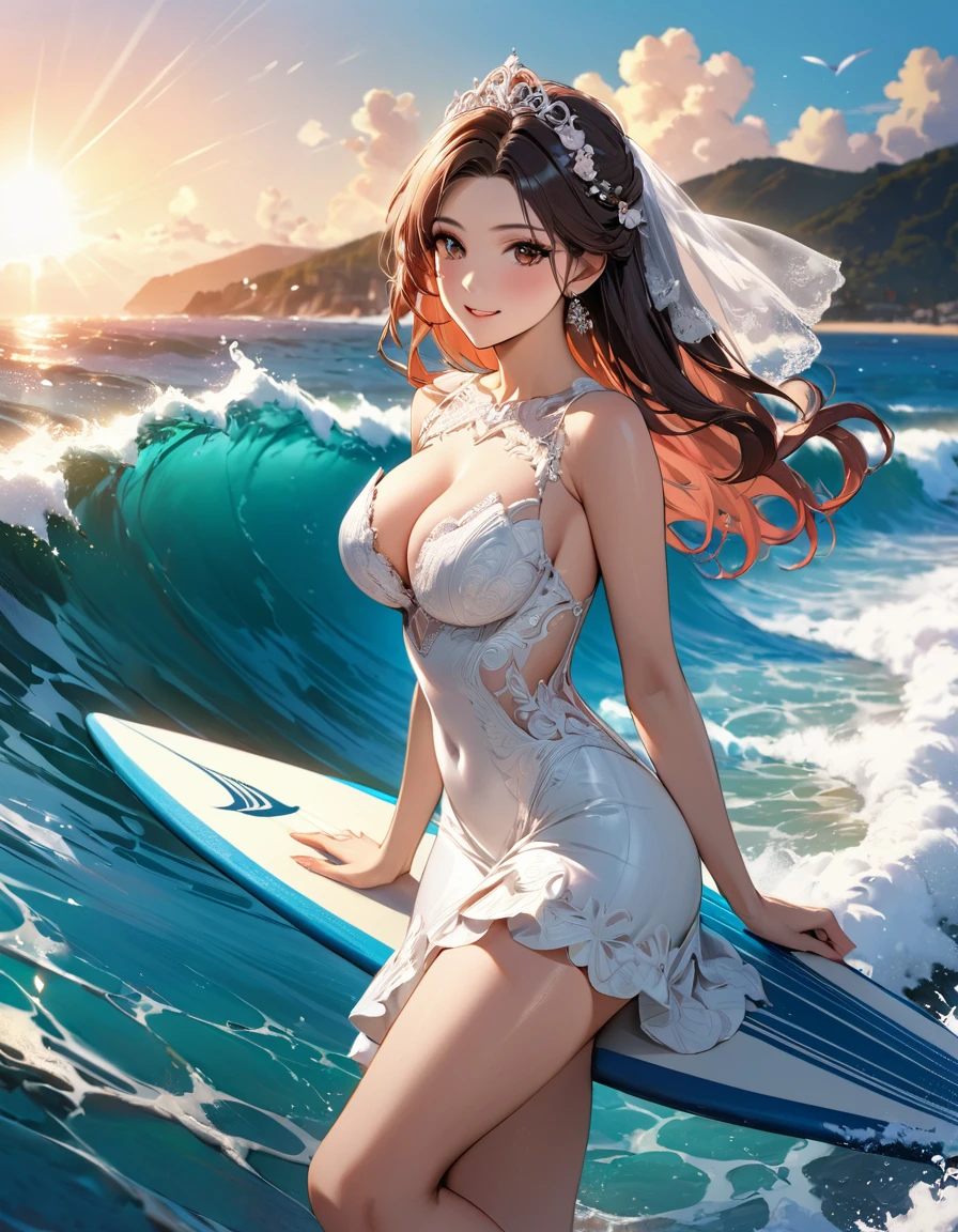 a portrait of a bride surfing the waves, on a sunny day in ocean, an exotic beautiful bride,   ((anatomically correct: 1.5)) ultra detailed face, dynamic hair color, dynamic hair style, dynamic skin complexion, (best detailed face: 1.5), busty wearing intricate, elegant bride's dress, glamour bride dress, barefoot, she is surfing an (surf board: 1.3) she surfs a massive wave, sunny day, sun rays, some clouds, wavy ocean background, vibrant, Ultra-high resolution, High Contrast, (masterpiece:1.5), highest quality, Best aesthetics), best details, best quality, highres, 16k, (ultra detailed: 1.5), masterpiece, best quality, (extremely detailed) RAW, (ultra details, Masterpiece, best quality), sexy wedding dress, Cinematic Hollywood Film