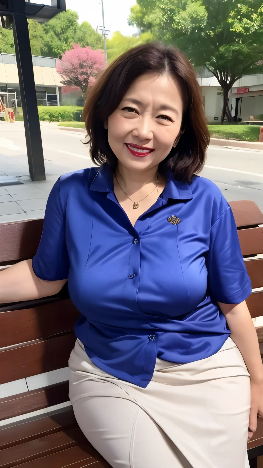 sitting on a park bench, Wrinkles around the eyes, Smiling with teeth showing, Plain short-sleeved clothing, senior citizen, Draw lips correctly, Red lipstick, No discomfort, 16K, Highest quality, Very detailed, Realistic, Very detailed肌, Japanese, alone, 60 years old, Large Breasts, , Glamour, sexy, , Staring straight ahead,