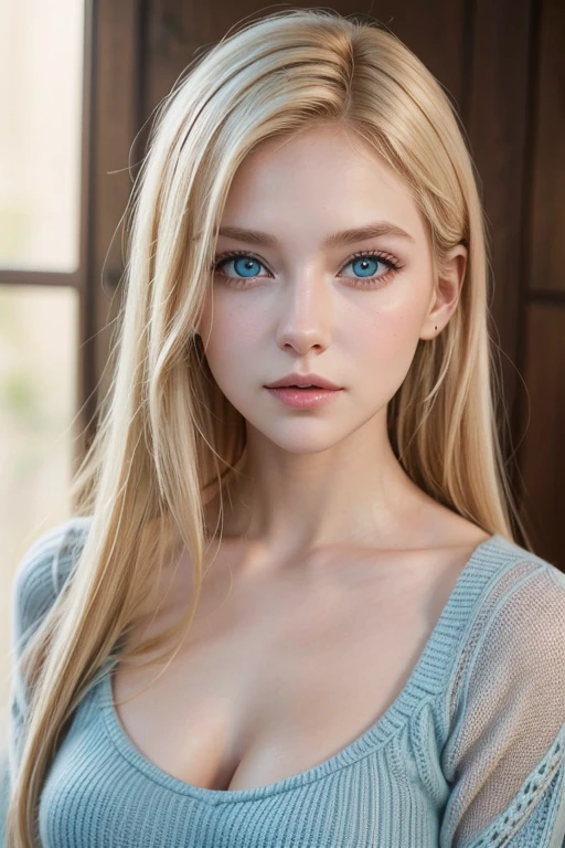 Soft portrait of a beautiful blonde woman, flowing golden hair, captivating blue eyes, delicate features, radiant smile, natural makeup, elegant attire, gentle expression, subtle blush, warm skin tones, ethereal lighting, soft shadows, high-resolution digital painting, realistic style, artistic interpretation, by a skilled portrait artist, ArtStation showcase.