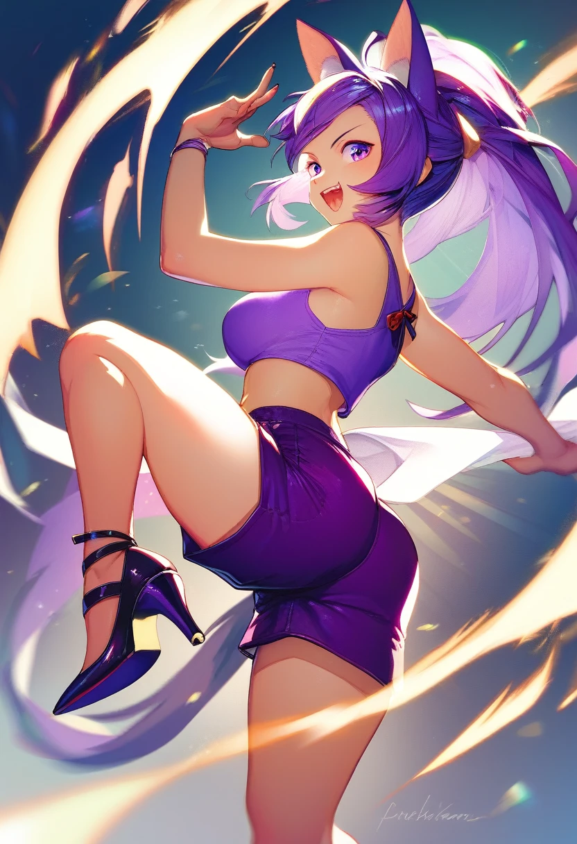 A (kemono cat form, ninja goddess with short purple hair and purple eyes), (((wearing a purple tank top, purple shorts, and high heel shoes with black and purple details ninja style))), ((posing with shurikens in her hands and a large shuriken on her back)), highly detailed, dynamic pose, 8k, hyper detailed, studio lighting, sharp focus, intricate details, elegant, graceful, dynamic, action pose, female lead, dramatic lighting, cinematic composition
