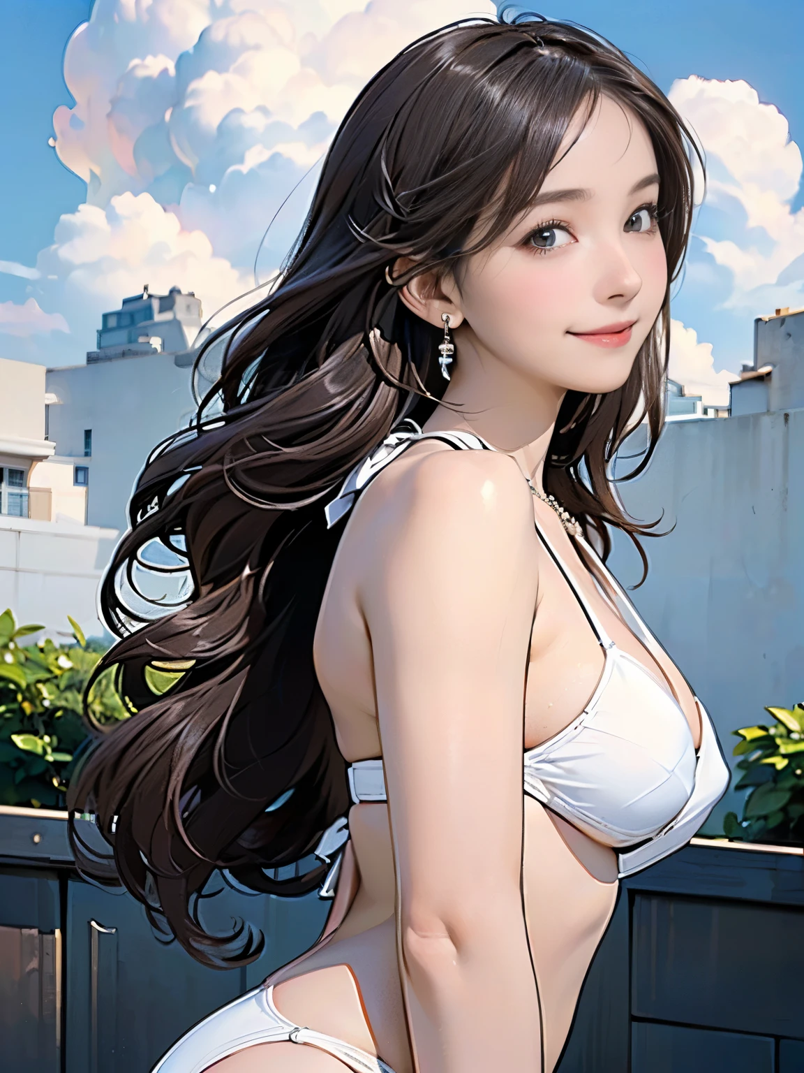 ((((Highest quality))))、(((Ultra-precision CG16K wallpaper)))、(((masterpiece)))、(((Super detailed)))、(((Extreme detail)))、((1Mature 29 year old woman:1.6))、((Very beautiful Japan face of a person))、((Urizane Face:1.8))、((Medium Straight Hair:1.6))、(Shiny Hair)、A delicately drawn beautiful face、(Dark Eyes、Detailed pupil and iris、Shining Eyes)、double eyelid、High nose、Small nostrils、Small Mouth、Seductive lips、Beautiful breasts、((B cup size breasts))、Cleavage、eight-headed body、Perfect proportions、Perfect Anatomy、Perfect composition、Beautiful detailed shading、Beautiful, natural lighting、Beautiful detail glow、Depth of written boundary、(((High chroma)))、(((Real:1.9)))、((vivid:1.5))、((Beautiful Skin))、((Skin Texture))、((Realな皮膚感))、(((Bust Shot:1.6)))、(((front view、shoot from front、front low angle:1.6)))、(((smile:1.6)))、(((looking at camera:1.6)))、Bright daylight、Natural light、(((background_Park Square、Sky and Clouds:1.5)))、(Standing pose:1.6)、(((White bikini swimsuit:1.6)))、((necklace、Wearing earrings:1.5))、