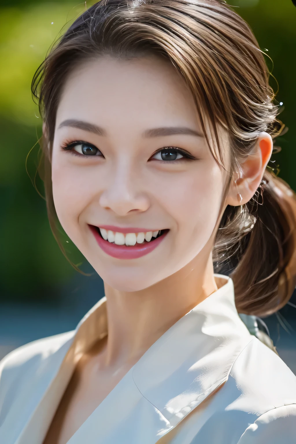 hair slicked back, low ponytail, grin, open mouth, pov, depth of field, UHD, super detail, best quality, 8k, anatomically correct