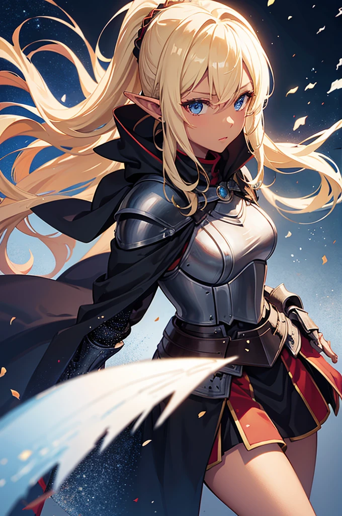 Beautiful images,Detailed Images,Official image,One Woman,Blonde,Blue Eyes,Ponytail Hair,Dark Skin,Elf Ears,Black Knight Heavy Armor,Red Cape,Command pose