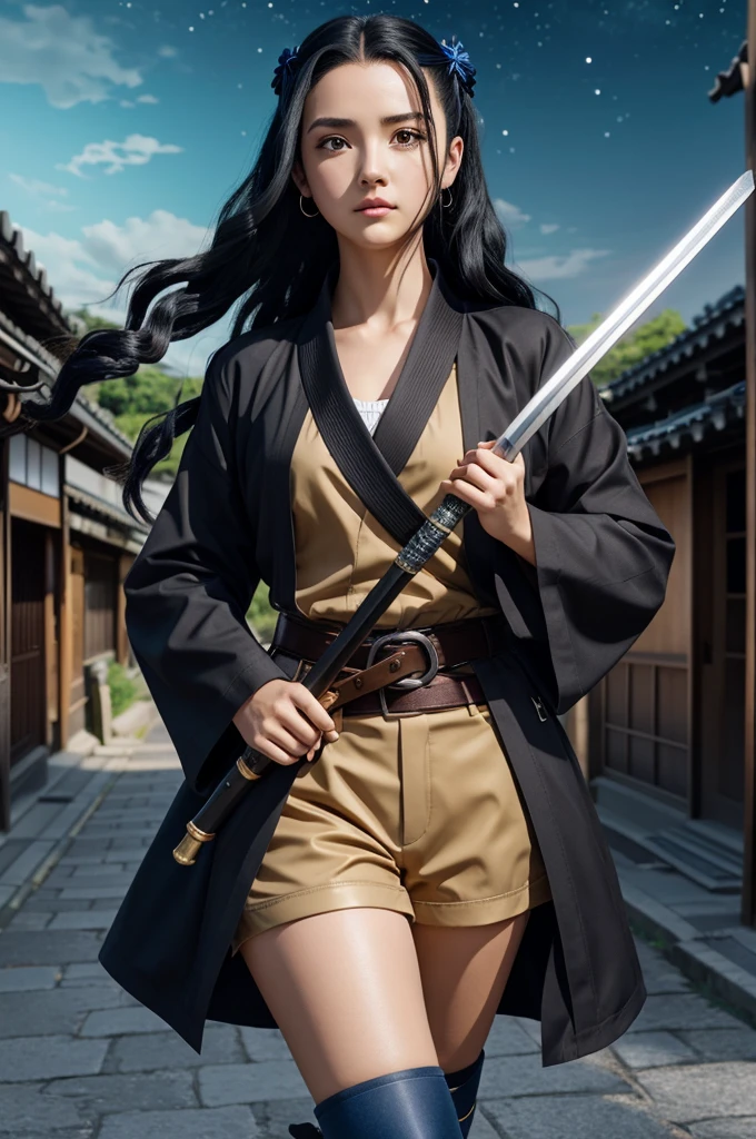 Captura de pantalla Kimetsu no Yaiba. Young woman long wavy black hair. Golden eyes long and thick eyelashes. Wearing hunter uniform, black jacket shorts black belt. High beige stockings and black sandals. Featuring a white overlay with blue gradient and shooting star pattern. Holding a lilac and blue hilt Katana . In the background an old Japanese town with a night sky. Wide shot animation style mappa studios