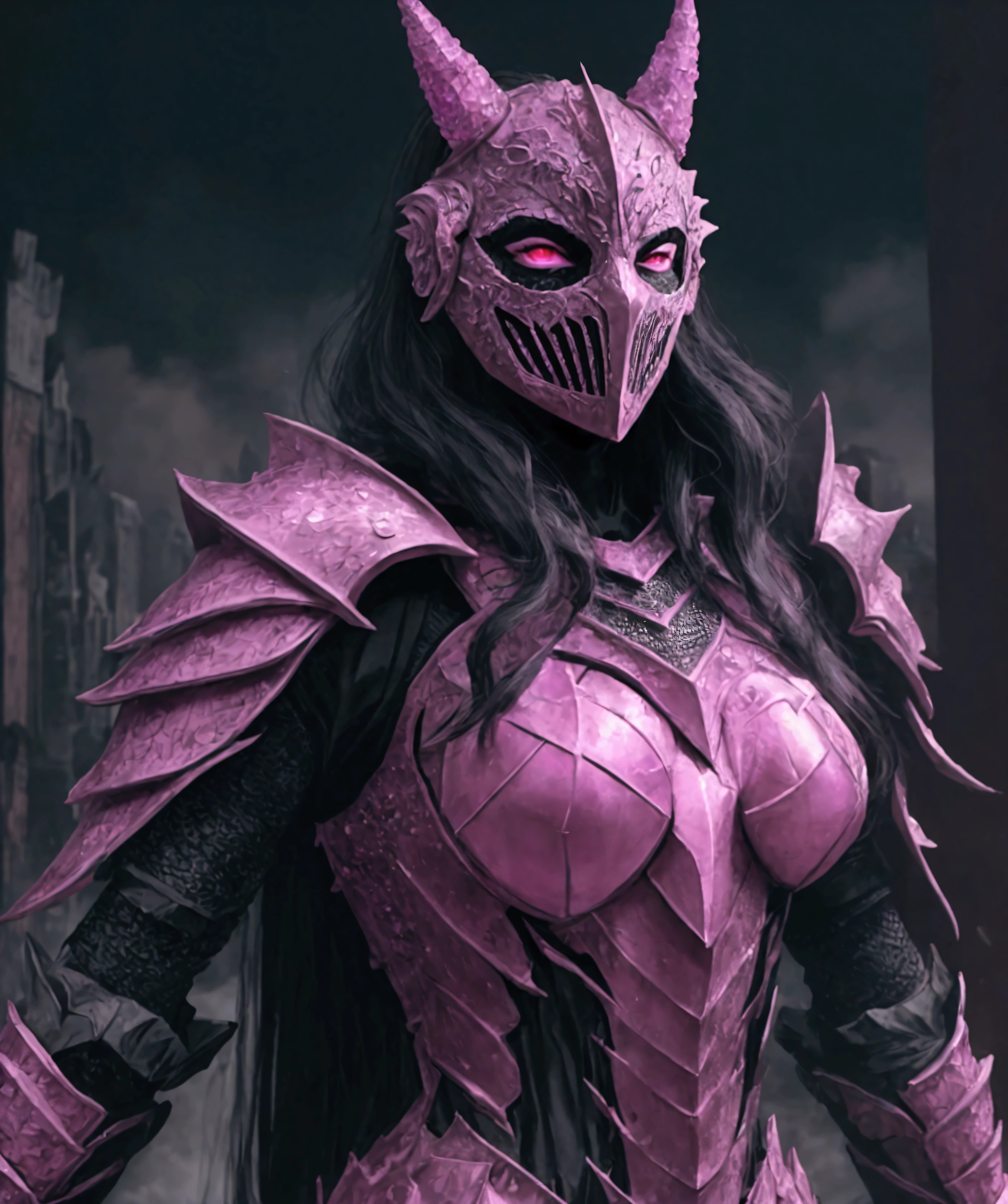 (extremely detailed 8k wallpaper), a medium shot photo of Grim dressed as a scary masked krystal-supervillain in a textured armour made of all pink crystals glowing armour with textured details from marvel, theme, intricate, high detail, dramatic, big mud monster and destroyed buildings in the background