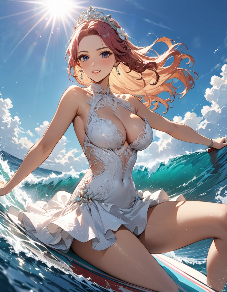 a portrait of a bride surfing the waves, on a sunny day in ocean, an exotic beautiful bride, ((anatomically correct: 1.5)) ultra detailed face, dynamic hair color, dynamic hair style, dynamic skin complexion, (best detailed face: 1.5), busty wearing intricate, elegant bride's dress, glamour bride dress, barefoot, she is surfing an ((surf board: 1.3)) she surfs a massive wave, sunny day, sun rays, some clouds, wavy ocean background, vibrant, Ultra-high resolution, High Contrast, (masterpiece:1.5), highest quality, Best aesthetics), best details, best quality, highres, 16k, (ultra detailed: 1.5), masterpiece, best quality, (extremely detailed) RAW, (ultra details, Masterpiece, best quality), ba11g0wn, princess dress