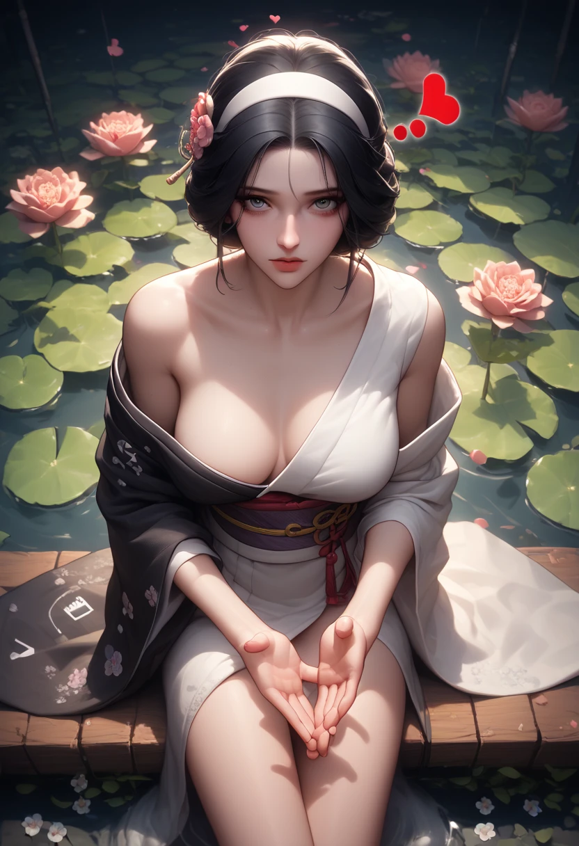 (asura art style:0.7), punctuation_9, punctuation_8_High above, punctuation_7_High above, punctuation_6_High above, no censure, princess peat black hair, side block, white hairband, Eyes red, break (work of art:1.2), best qualityer, high resolution, (detailedeyes:1.3), perfect lighting, (perfect hands, Perfect Anatomia), breasts big, a beautiful woman, kimono, bare one shoulder, Heart, sitting down, front viewer, Tori, flowers, Thu, fog, hand sHigh aboveport,