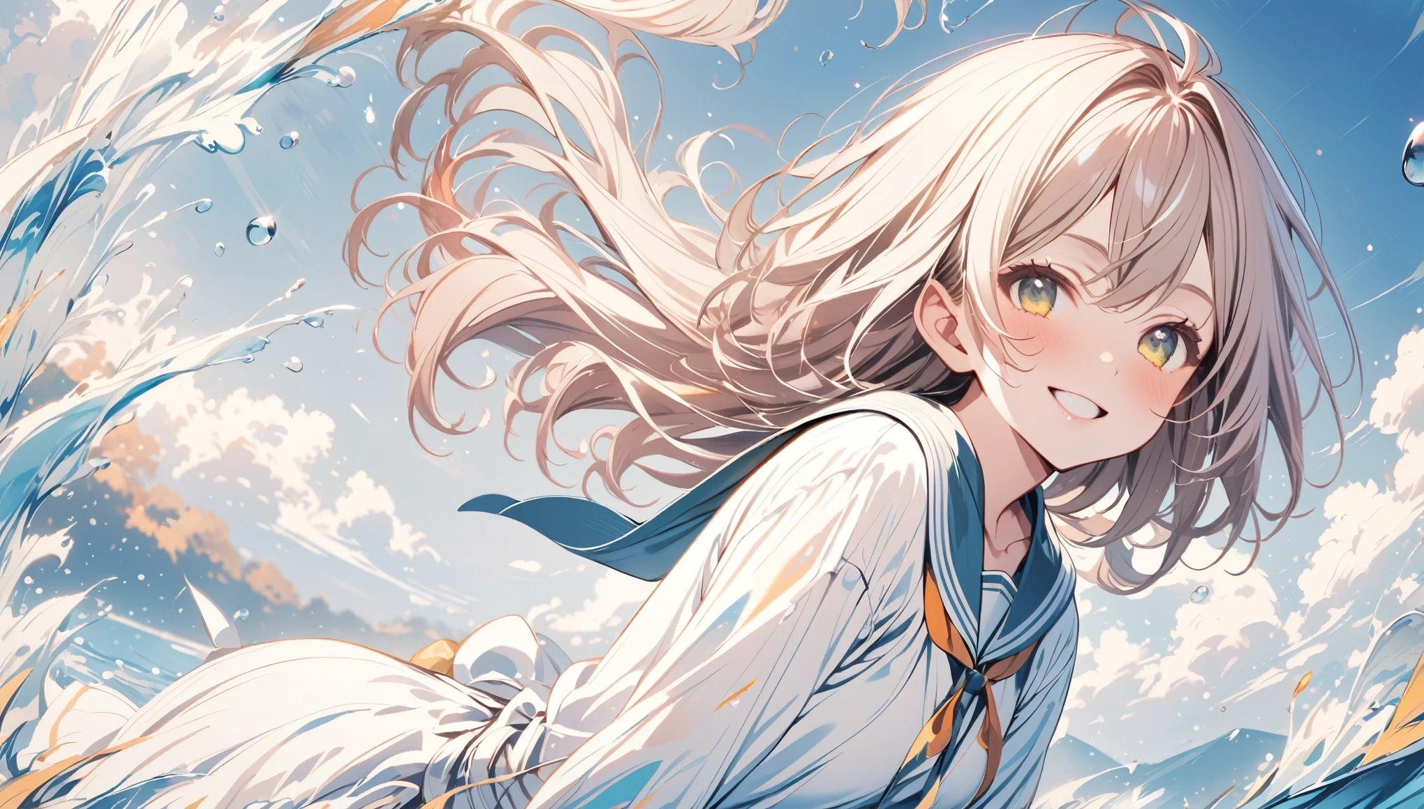 artwork:Yoshiyuki Sadamoto、Beautiful girl、16 years old、Turn around and smile at the viewer、Half-close your eyes、Smiling with teeth showing、one piece、water droplets、Blue sky and cumulonimbus background、Summer vacation、Summer Traditions、(Yoshiyuki Sadamoto スタイル:1.4)、Masterpiece、Detailed Description、pastel