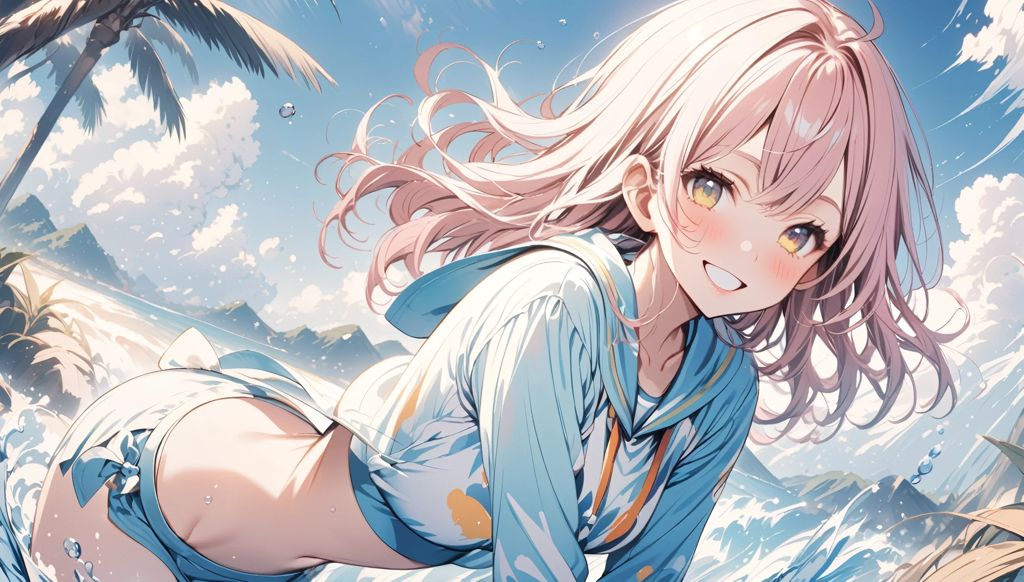 artwork:Yoshiyuki Sadamoto、Beautiful girl、16 years old、Turn around and smile at the viewer、Half-close your eyes、Smiling with teeth showing、one piece、water droplets、Blue sky and cumulonimbus background、Summer vacation、Summer Traditions、(Yoshiyuki Sadamoto スタイル:1.4)、Masterpiece、Detailed Description、pastel