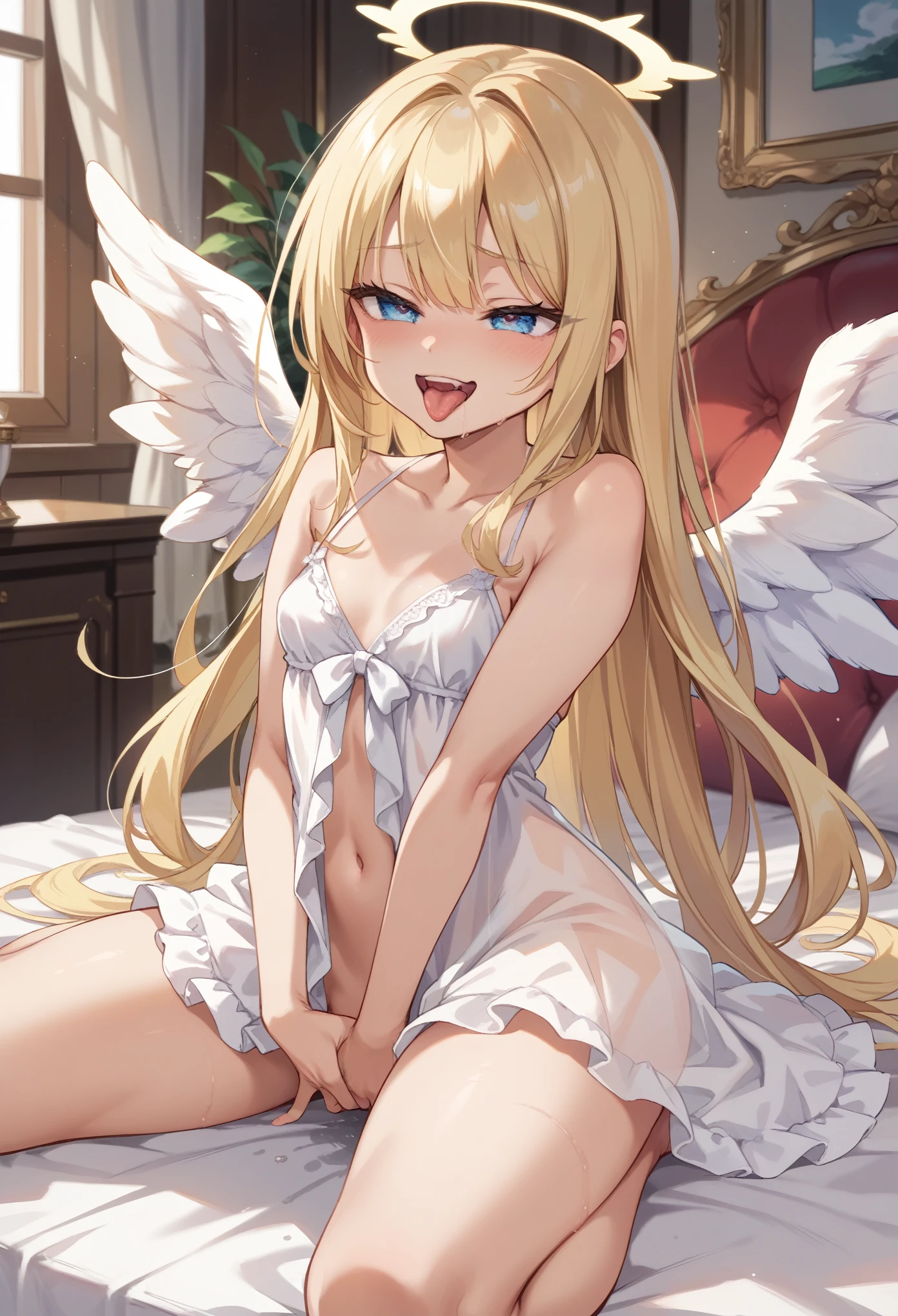 Score_9, score_8_up, 4k, 8k, detailed face, source_anime, smug angel girl with small breasts, pretty girl, thick thighs, blonde hair, long hair, angel wings, white outfit, white babydoll, see-through outfit, inside heaven, wet tongue, moaning, open mouth, masturbating,