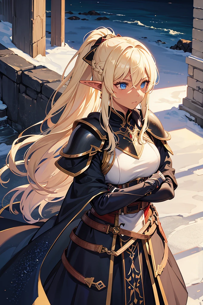 Beautiful images,Detailed Images,Official image,One Woman,Blonde,Blue Eyes,Ponytail Hair,Dark Skin:1.3,Elf Ears,Black Knight Heavy Armor,Red Cape,Command pose