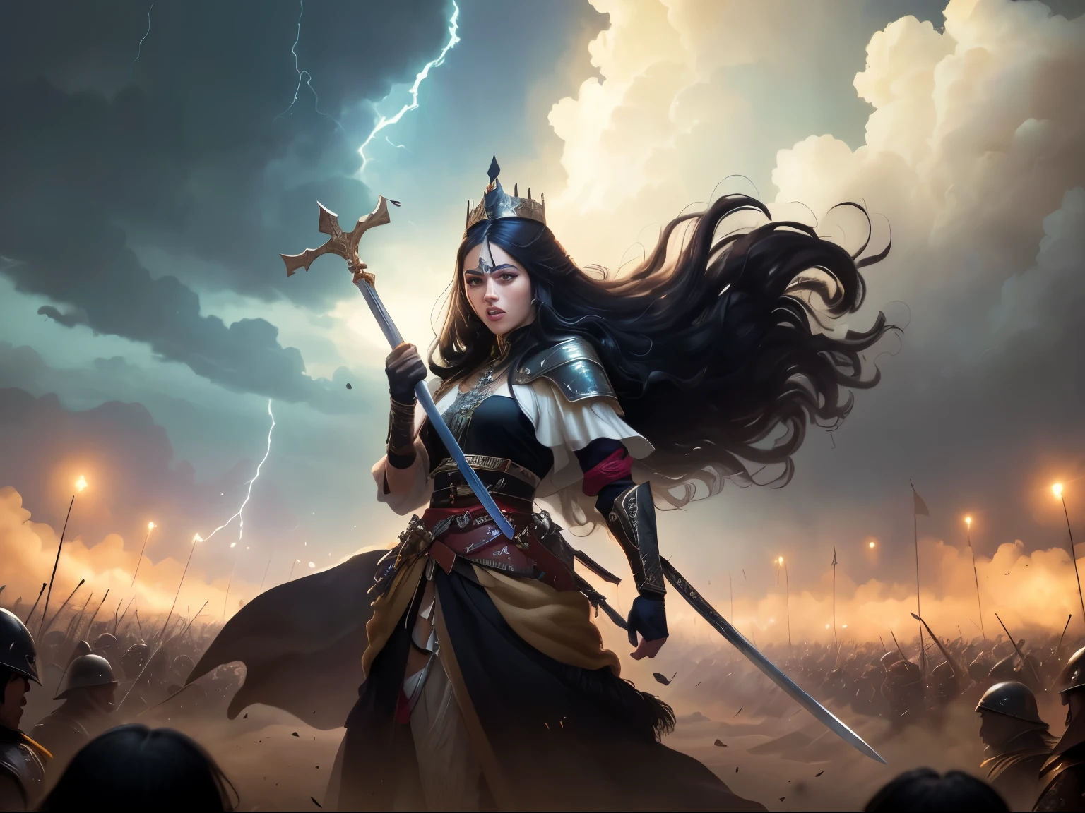 ((best quality)), ((masterpiece)), (detailed), A digital illustration of a furious queen fighting off crowd of monsters with a sword in a desert stormy setting. The woman has long black hair and is wearing a full traditional queen war attire. 