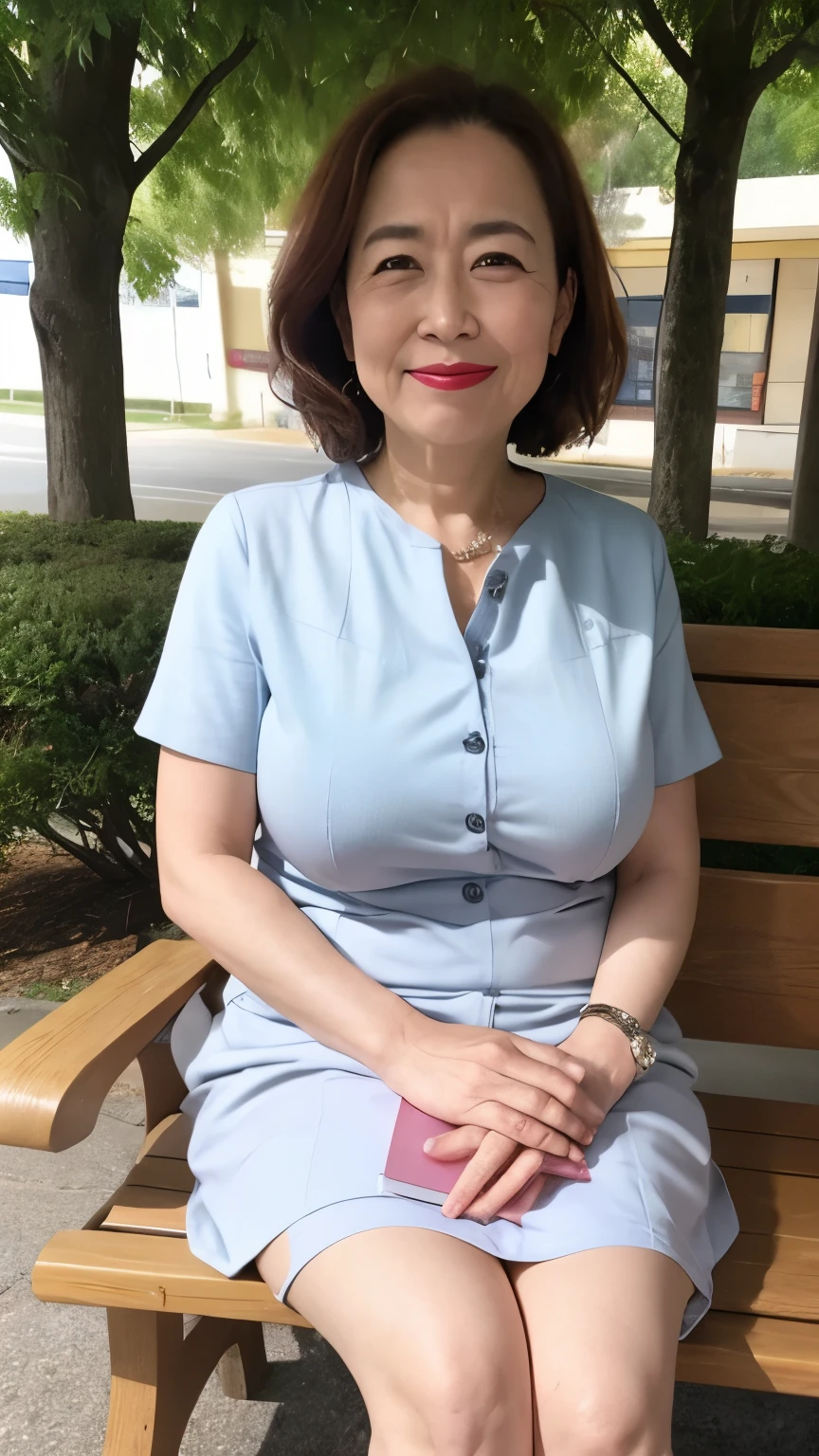 sitting on a park bench, Wrinkles around the eyes, Smiling with teeth showing, Plain short-sleeved clothing, senior citizen, Draw lips correctly, Red lipstick, No discomfort, 16K, Highest quality, Very detailed, Realistic, Very detailed肌, Japanese, alone, 60 years old, Large Breasts, , Glamour, sexy, , Staring straight ahead,