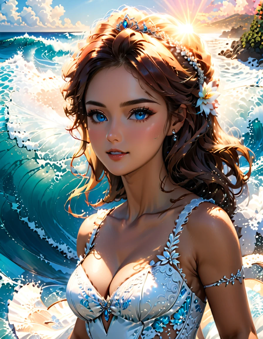 a portrait of a bride surfing the waves, on a sunny day in ocean, an exotic beautiful bride, ((anatomically correct: 1.5)) ultra detailed face, dynamic hair color, dynamic hair style, dynamic skin complexion, (best detailed face: 1.5), busty wearing intricate, elegant bride's dress, glamour bride dress, barefoot, she is surfing on ((surf board: 1.3)) she surfs a massive wave, sunny day, sun rays, some clouds, wavy ocean background, vibrant, Ultra-high resolution, High Contrast, (masterpiece:1.5), highest quality, Best aesthetics), best details, best quality, highres, 16k, (ultra detailed: 1.5), masterpiece, best quality, (extremely detailed) RAW, (ultra details, Masterpiece, best quality), sexy wedding dress, Cinematic Hollywood Film