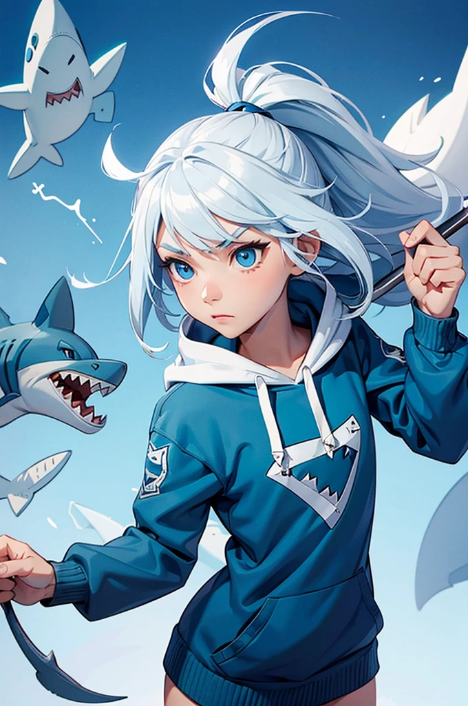 A cute illustration of Gawr Gura, the young shark-themed VTuber, wearing her signature blue hoodie with a shark tail and hood. She has white hair with blue tips and big blue eyes. Gawr Gura is holding a trident and is surrounded by small, adorable shark plushies, expressive face. The background is simple and easy