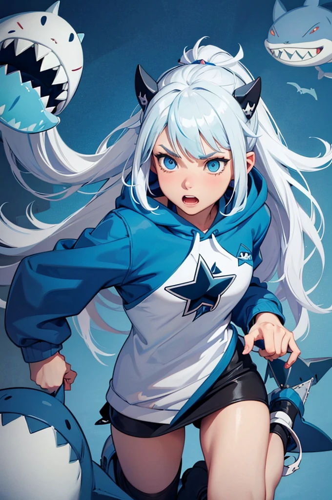 A cute illustration of Gawr Gura, the young shark-themed VTuber, wearing her signature blue hoodie with a shark tail and hood. She has white hair with blue tips and big blue eyes. Gawr Gura is holding a trident and is surrounded by small, adorable shark plushies, expressive face. The background is simple and easy
