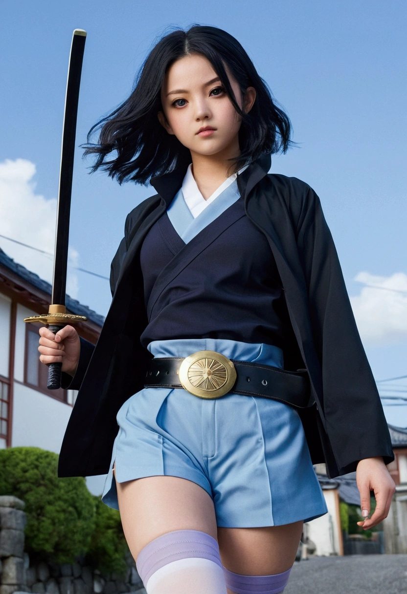 Captura de pantalla Kimetsu no Yaiba. Young woman long wavy black hair. Golden eyes long and thick eyelashes. Wearing hunter uniform, black jacket shorts black belt. High beige stockings and black sandals. Featuring a white overlay with blue gradient and shooting star pattern. Holding a lilac and blue hilt Katana . In the background an old Japanese town with a night sky. wide shot