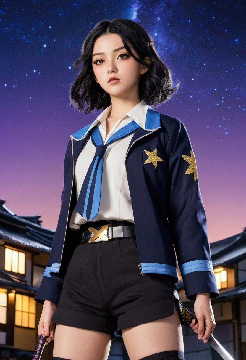 Captura de pantalla Kimetsu no Yaiba. Young woman long wavy black hair. Golden eyes long and thick eyelashes. Wearing hunter uniform, black jacket shorts black belt. High beige stockings and black sandals. Featuring a white overlay with blue gradient and shooting star pattern. Holding a lilac and blue hilt Katana . In the background an old Japanese town with a night sky. wide shot