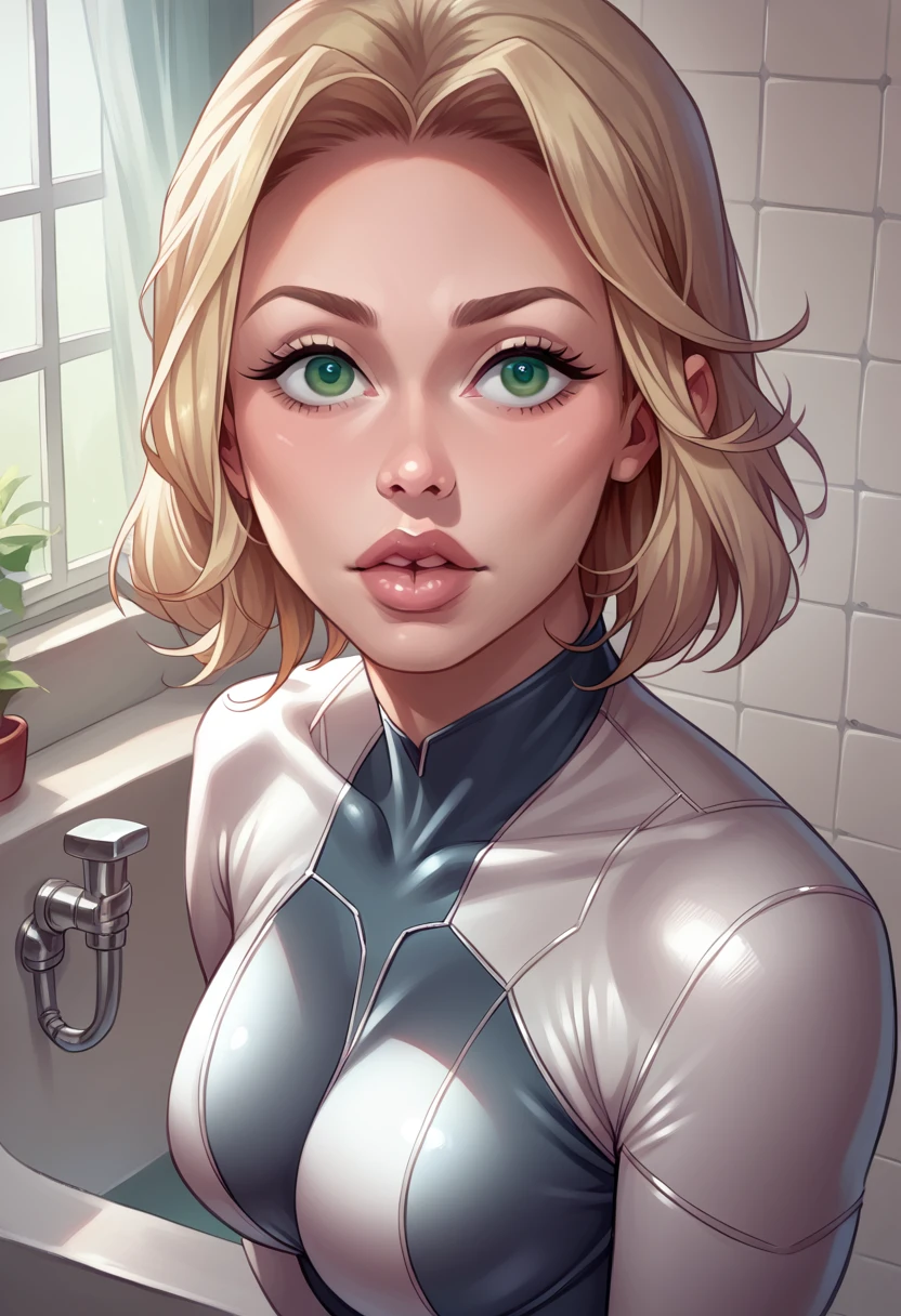 luxanna crownguard, blonde hair, green eyes, bathroom , detailed face, beautiful eyes, long eyelashes, detailed lips, detailed skin, intricate clothing, photorealistic, 8k, highly detailed, short hair, bodysuit blue